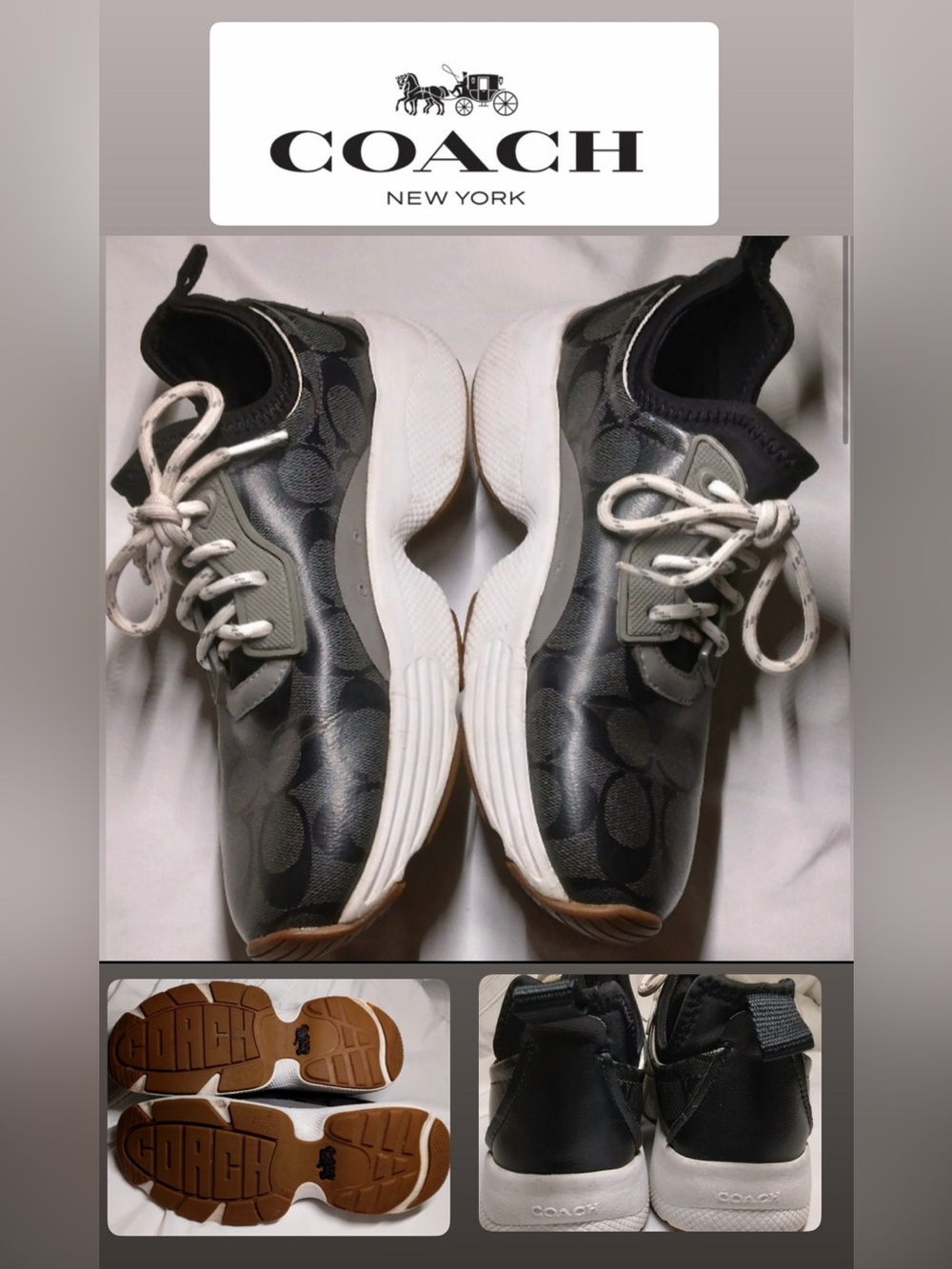 Coach Signature C Black Gray Chunky Sneakers Gum Sole